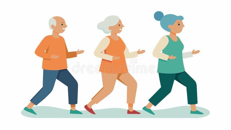 Un grupo de personas mayores que participan en una meditación a pie, centrada en su aliento y sus alrededores, a medida que se van stock de ilustración