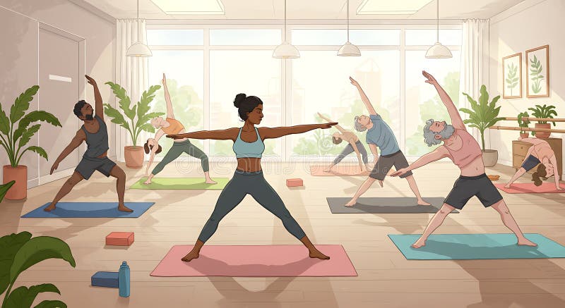 Un grupo de personas que practican yoga en un estudio acogedor con grandes ventanas y stock de ilustración