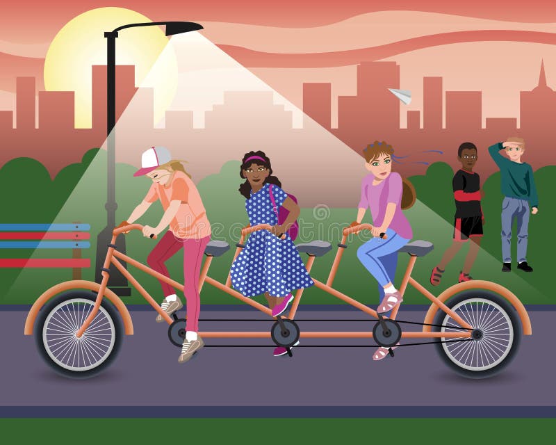 Un gruppo di adolescenti va in bici nel parco una sera d'estate al tramonto. royalty illustrazione gratis
