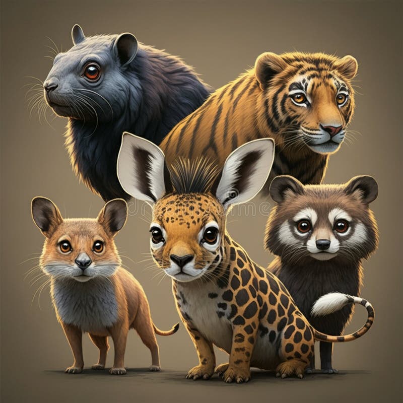 Un gruppo di cinque animali animati con caratteristiche esagerate, compresi i grandi occhi illustrazione di stock