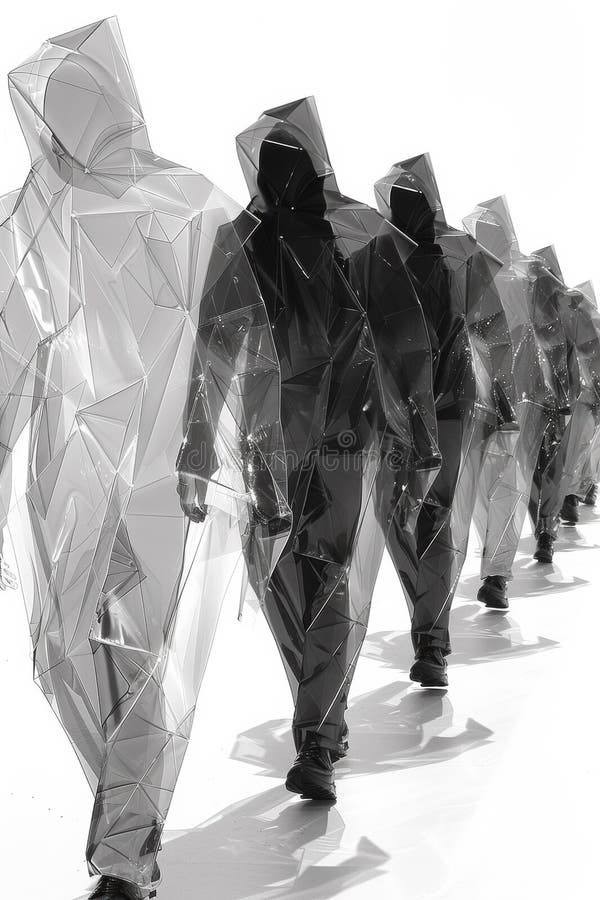A group of people walking in a line with their hoods up AI generated. A group of people walking in a line with their hoods up AI generated