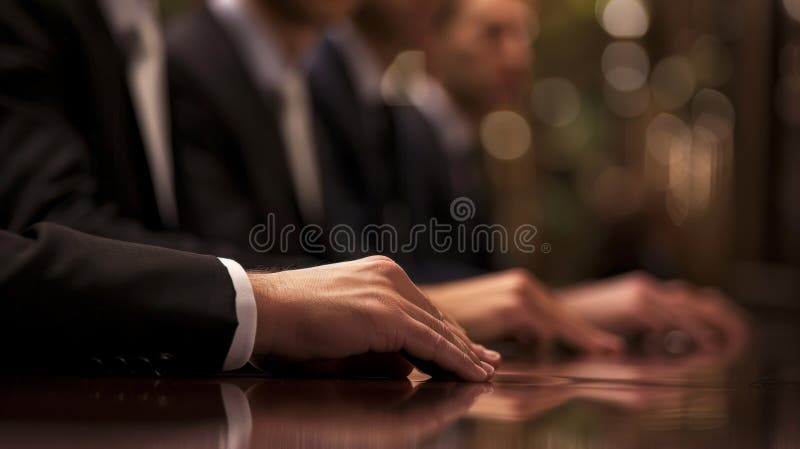 Un gruppo di professionisti del settore è impegnato in una discussione focalizzata, con particolare attenzione alle mani e alle immagine stock