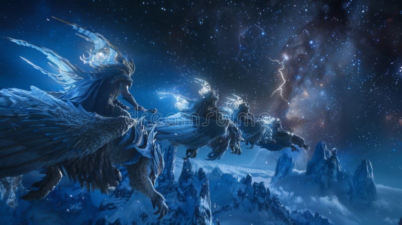 A group of sorcerers each one riding on the back of a different magical beast soaring through the night sky towards an unknown destination . . AI generated. A group of sorcerers each one riding on the back of a different magical beast soaring through the night sky towards an unknown destination . . AI generated