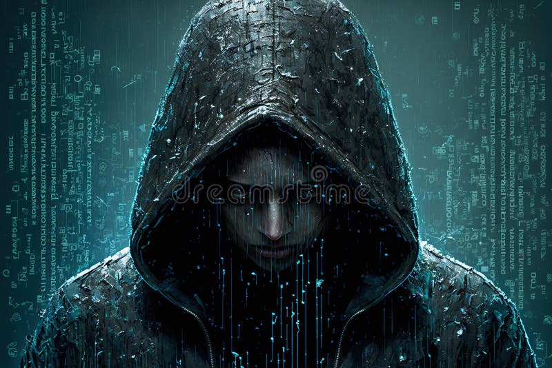 Un hacker cu glugă un om într-o haină cu glugă este înconjurat de numere și date în fundal stock illustration