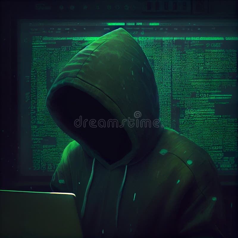 Un hacker cu glugă stă în fața unui laptop. ai generativ royalty free illustration