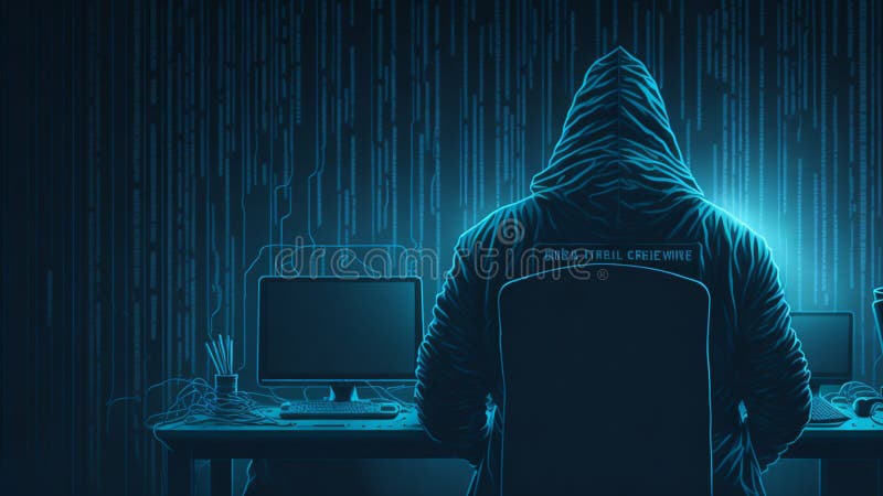 Un hacker cu glugă în fața unui ecran de calculator cu cod binar. royalty free illustration
