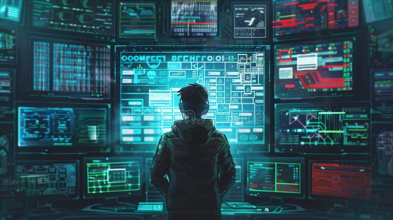 Un hacker cualificado se encuentra frente a varias pantallas brillantes inmersas en un análisis de datos complejo y muy concentrad imágenes de archivo libres de regalías