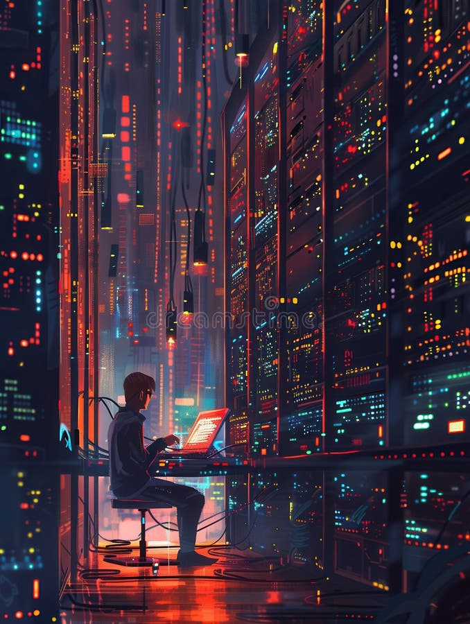 Un hacker experto se centra intensamente en una pantalla brillante rodeada de múltiples racks de servidores en una tecnología de a imagen de archivo libre de regalías