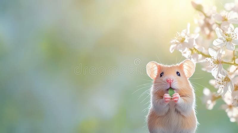 Un hamster adorabil se răsfăță într-o delicată floare roz de cireșe vector illustration