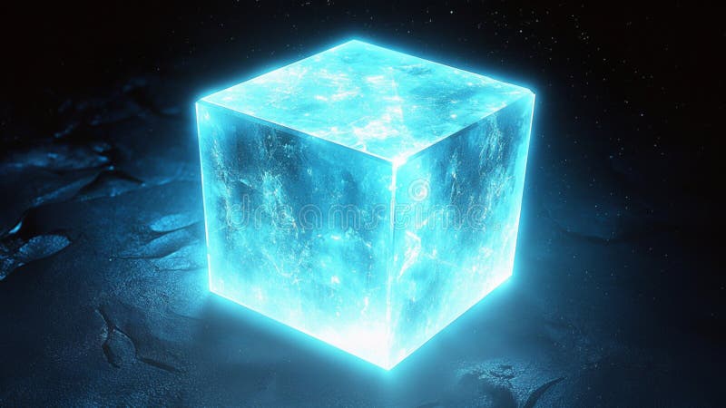 Un helado Tesseract azul en un fondo negro de espacio profundo. stock de ilustración