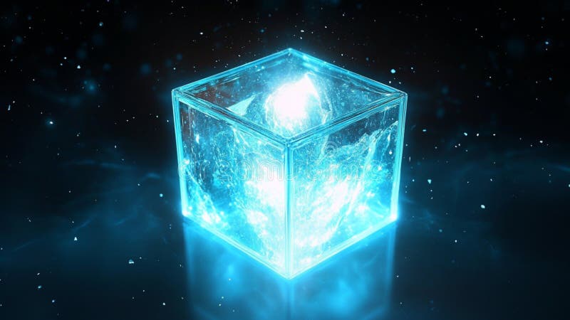 Un helado Tesseract azul en un fondo negro de espacio profundo. stock de ilustración