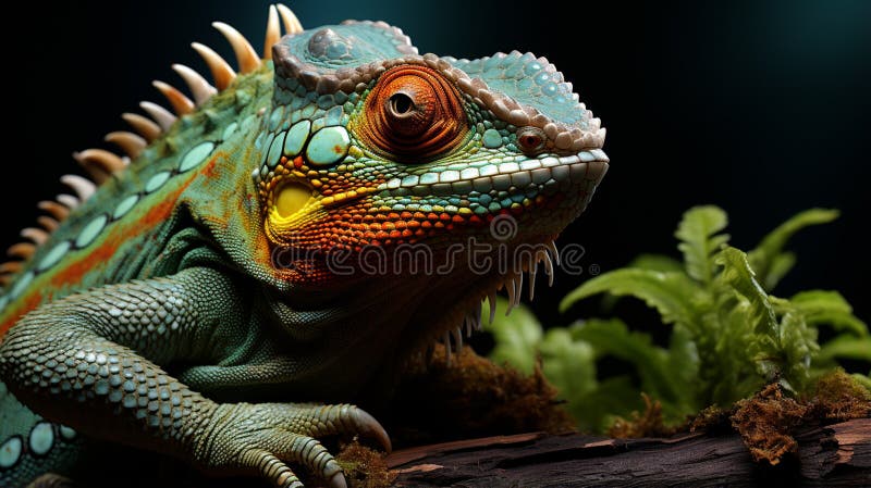Un hermoso lagarto está en un árbol. reptiles camaleón macro animal. ai generativo. reptiles camaleón macro animal alta resolución.