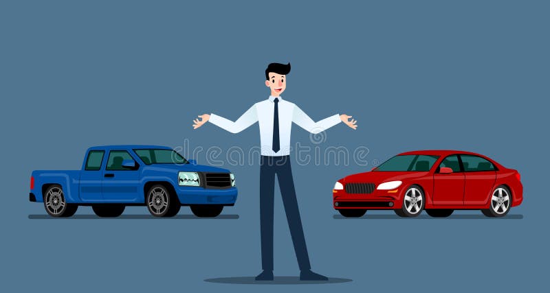 A happy businessman, salesman is standing and present his luxury car and pickup truck that parked in the show room.Vector illustration design. A happy businessman, salesman is standing and present his luxury car and pickup truck that parked in the show room.Vector illustration design