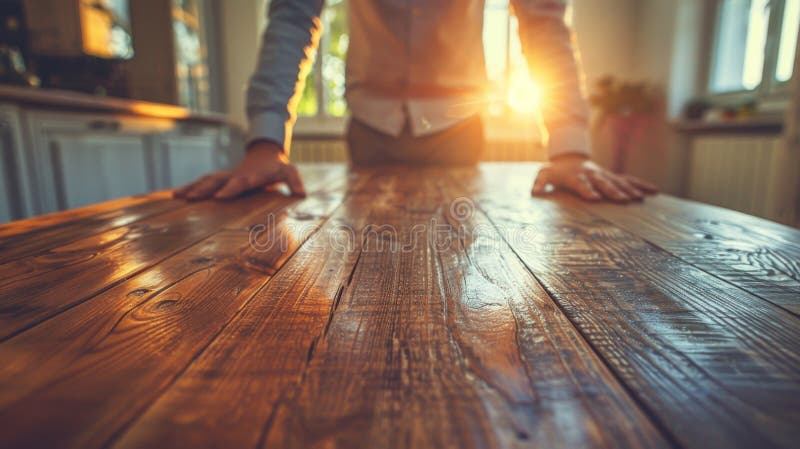 A man standing on a wooden table with his hands outstretched AI generated. A man standing on a wooden table with his hands outstretched AI generated