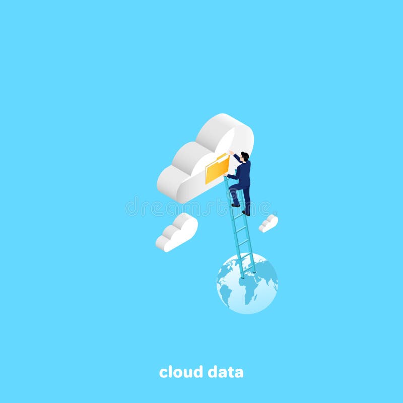 Un hombre en un traje de negocios subió las escaleras a una nube de los datos stock de ilustración Un hombre en un traje de negocios subió las escaleras a una nube de los datos stock de ilustración