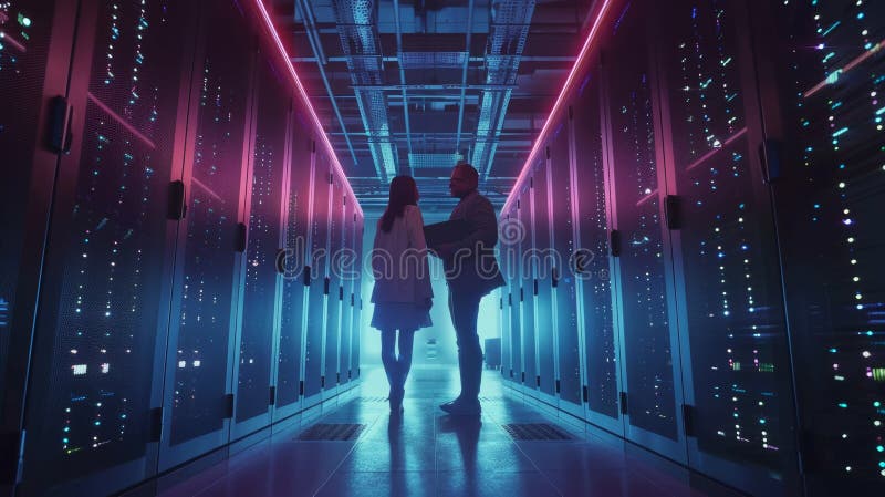 Un hombre especialista en tecnología informática y una mujer gerente de ecommerce se sientan en el centro de datos y hablan mientras utilizan sus portátiles. están trabajando en una instalación de computación en nube con un gran número de servidores. generado por ai