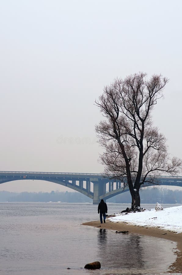 Un hombre está caminando a lo largo del banco del río de Dnieper Foto del paisaje del invierno Kyiv, Ucrania fotos de archivo Un hombre está caminando a lo largo del banco del río de Dnieper Foto del paisaje del invierno Kyiv, Ucrania fotos de archivo