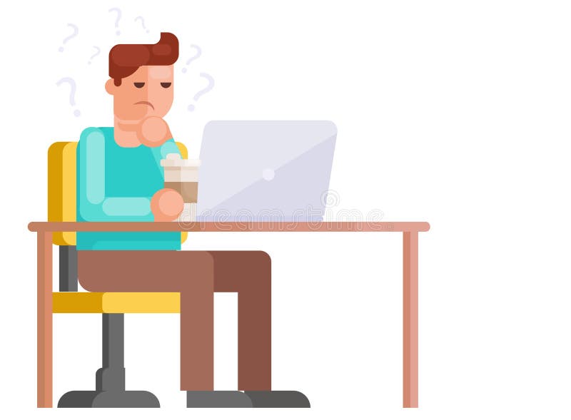Un hombre independiente trabaja en un ordenador Signos de interrogación sobre la cabeza ilustración del vector Un hombre independiente trabaja en un ordenador Signos de interrogación sobre la cabeza ilustración del vector