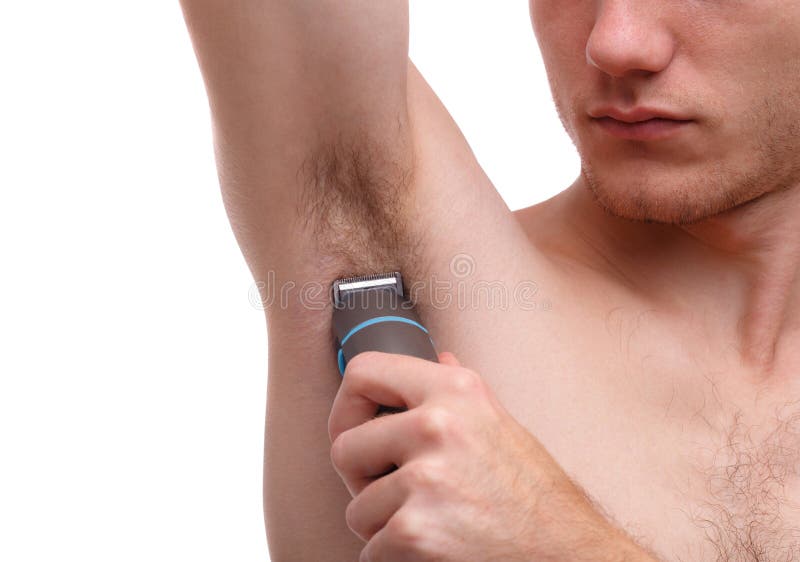 Un hombre joven que usa un condensador de ajuste quita el pelo de axilas Aislado en el fondo blanco ilustración del vector Un hombre joven que usa un condensador de ajuste quita el pelo de axilas Aislado en el fondo blanco ilustración del vector