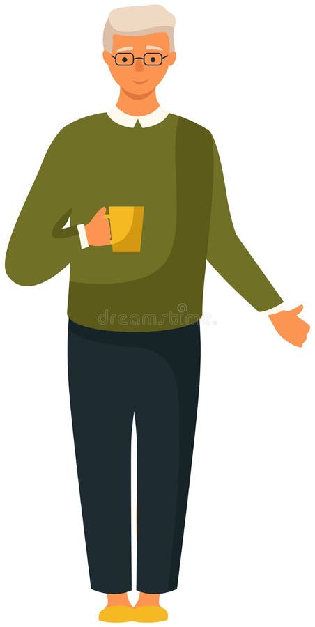 Un hombre mayor sonriente con un suéter y una camisa parados a toda altura con una taza de café en la mano stock de ilustración