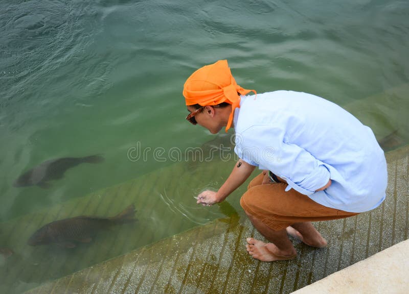 Un hombre que juega con los pescados en la charca imagen de archivo Un hombre que juega con los pescados en la charca imagen de archivo