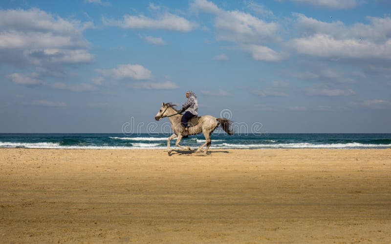 Un hombre que monta un caballo en la playa imagen de archivo libre de regalías Un hombre que monta un caballo en la playa imagen de archivo libre de regalías