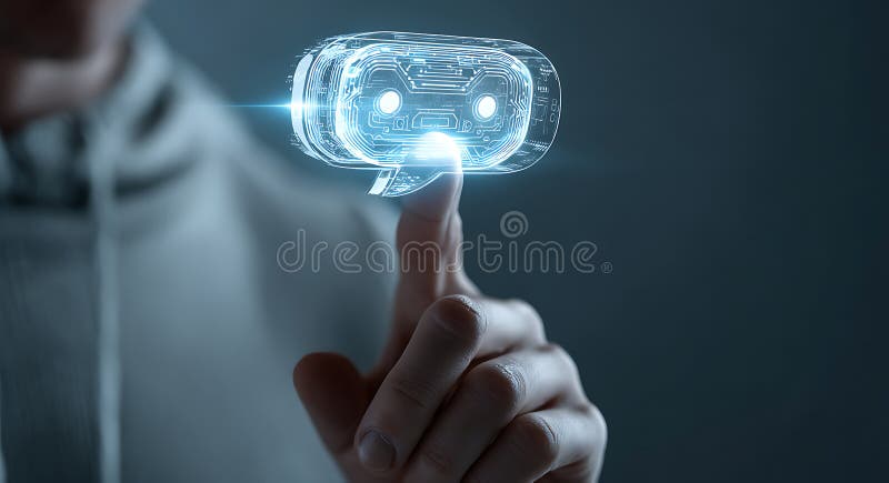Un hombre tocando un ícono futurista de chatbot que representa la inteligencia artificial y la tecnología de la comunicación en un stock de ilustración