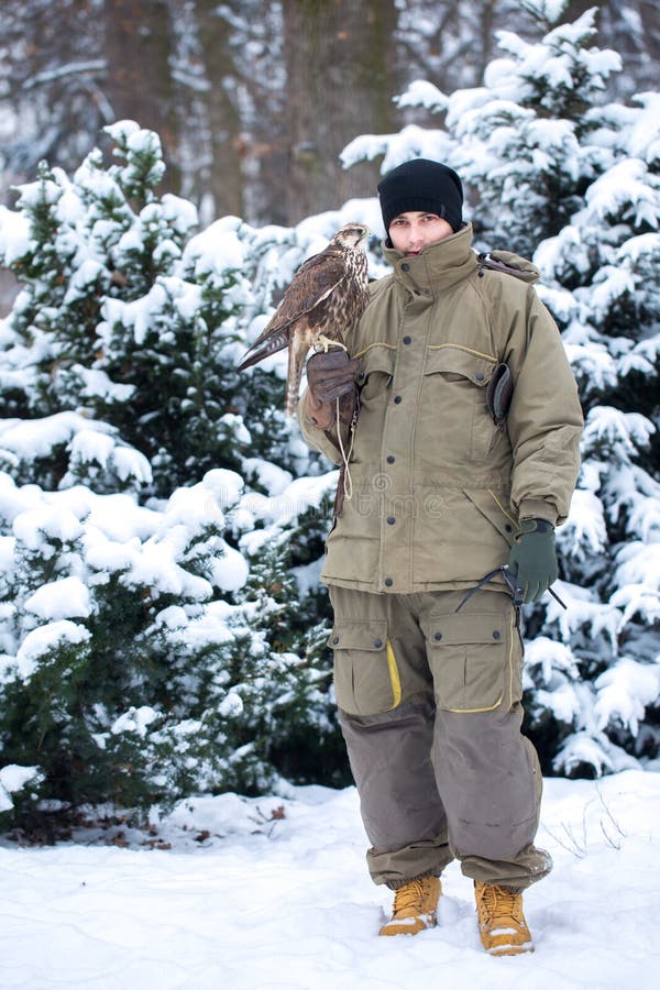 Un homme avec un faucon pendant l'hiver photos stock Un homme avec un faucon pendant l'hiver photos stock