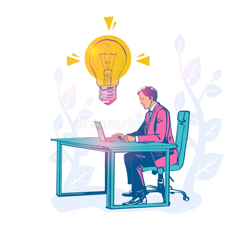 Un homme d'affaires travaillant derrière un ordinateur portable est une bonne idée. Nouvelle idée créative illustration libre de droits Un homme d'affaires travaillant derrière un ordinateur portable est une bonne idée. Nouvelle idée créative illustration libre de droits