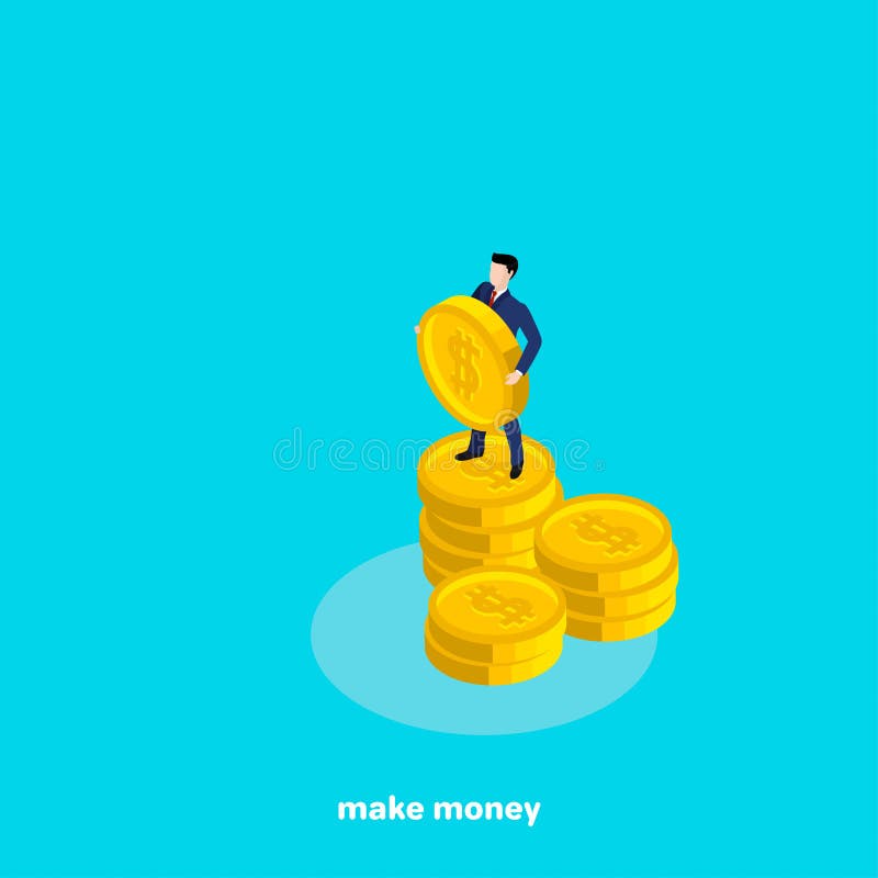 Un homme dans un costume tenant une grande pièce de monnaie avec un symbole dollar illustration de vecteur Un homme dans un costume tenant une grande pièce de monnaie avec un symbole dollar illustration de vecteur