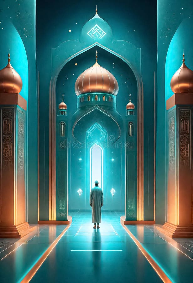 AI generated of a man in a room standing in front of a mosque with a blue background. AI generated of a man in a room standing in front of a mosque with a blue background