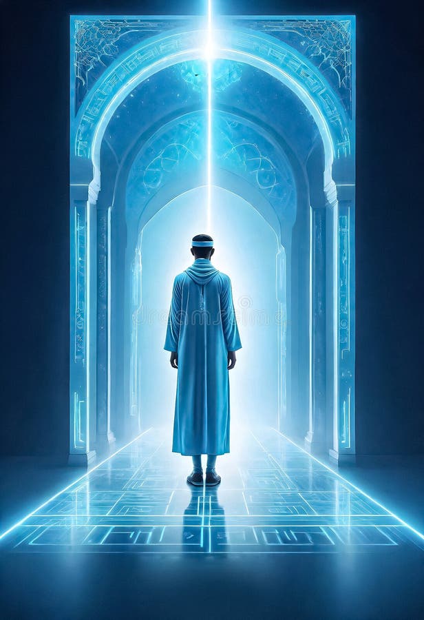 AI generated of a man in a blue robe stands in front of a large archway. AI generated of a man in a blue robe stands in front of a large archway