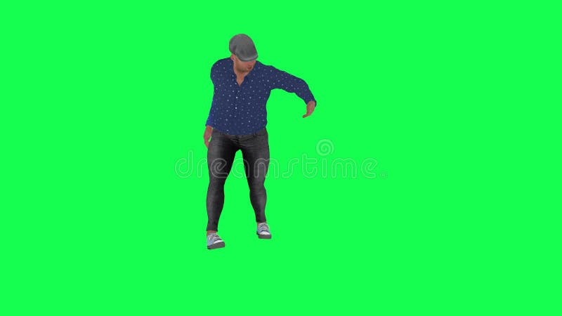 Un homme gros avec une chemise bleue pantalon noir et un chapeau gris ouvre la porte et entre illustration stock