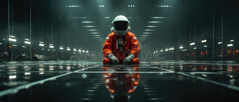 Un homme habillé d'un costume orangé s'agenouille dans une pièce sombre photos libres de droits