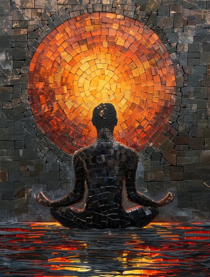 A Man is meditating and sun. Mosaic Art Print. Building yourself from pieces, yoga concept. A Man is meditating and sun. Mosaic Art Print. Building yourself from pieces, yoga concept