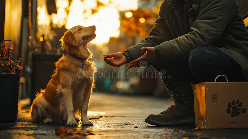 Un homme s'agenouillant à côté d'un chien dans une rue de la ville photographie stock
