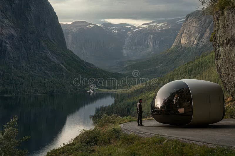Un homme se relaxant près d'un pod futuriste surplombant majestueux paysage de lac de montagne au crépuscule illustration stock
