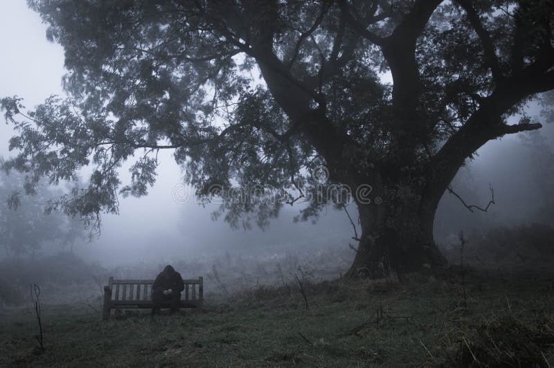 A hooded man sitting on a bench in the countryside on a foggy, moody day. With a muted, grainy edit. A hooded man sitting on a bench in the countryside on a foggy, moody day. With a muted, grainy edit.