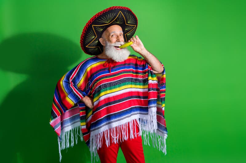 Un homme âgé portant un poncho traditionnel coloré et un sombrero tenant du piment dans la fête du Cinco de Mayo photographie stock libre de droits