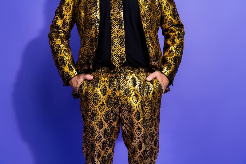 Un homme élégant portant un costume à motifs serpent d'or pose avec confiance sur un fond violet brillant photos libres de droits