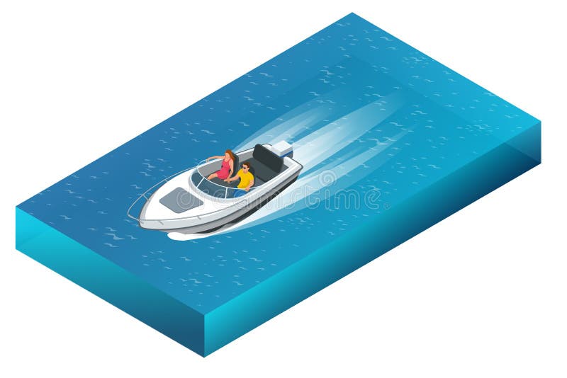 Un hors-bord luxueux avec l'homme et la femme croisant par les belles eaux bleues Illustration isométrique du vecteur 3d plat illustration stock Un hors-bord luxueux avec l'homme et la femme croisant par les belles eaux bleues Illustration isométrique du vecteur 3d plat illustration stock