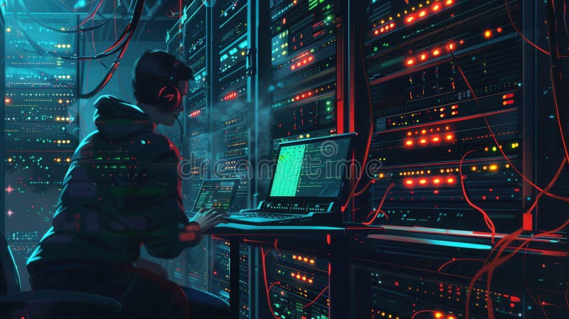 Un hábil hacker se dedicó a un intenso análisis de datos rodeado de filas de luces parpadeantes de servidores en una tecnología os foto de archivo