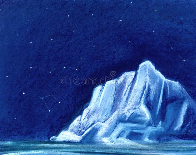 Un iceberg blanc énorme sur le fond du ciel nocturne Peint avec le pastel sur l'illustration de papier photographie stock Un iceberg blanc énorme sur le fond du ciel nocturne Peint avec le pastel sur l'illustration de papier photographie stock