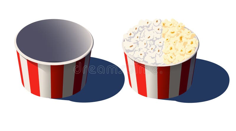 Un'icona a forma di spago di carta di popcorn vuota e completa. contenitore per alimenti a strisce bianche e rosse. illustrazione royalty illustrazione gratis