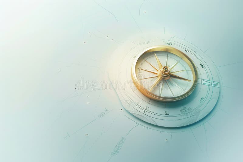 Un'illustrazione chiara e minimalista con una bussola con linee chiare su uno sfondo blu chiaro. ideale per fotografia stock