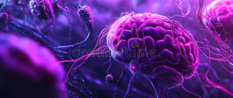 Un'illustrazione di un concetto di intelligenza artificiale è dotata di uno sfondo blu astratto con un cervello basso e.