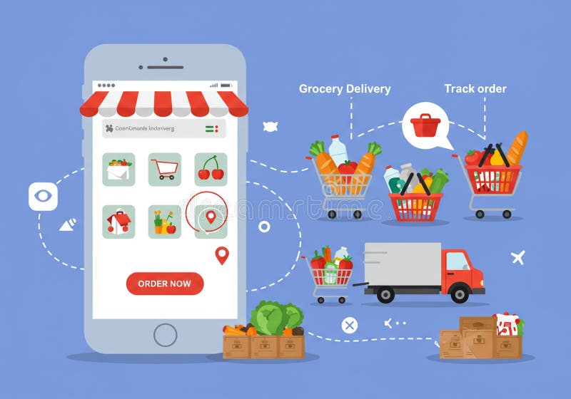 Un'illustrazione digitale che mostra un'interfaccia di acquisto online. Uno smartphone illustrazione di stock