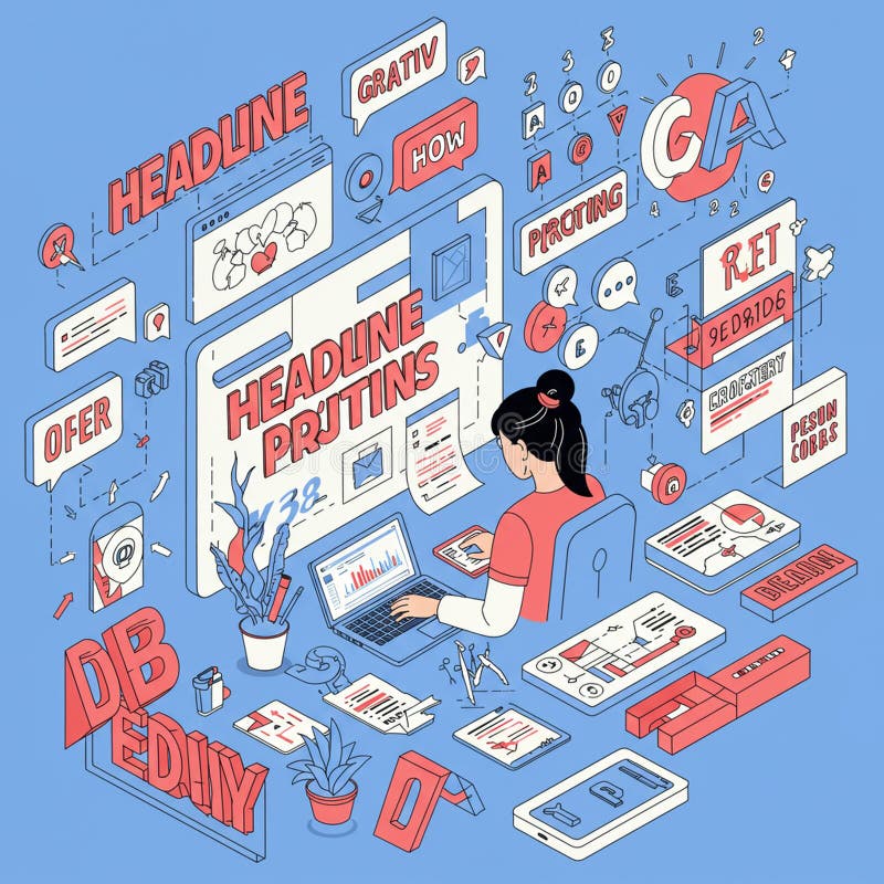 Un'illustrazione digitale che mostra una persona su una scrivania utilizzando un laptop circondato da illustrazione di stock