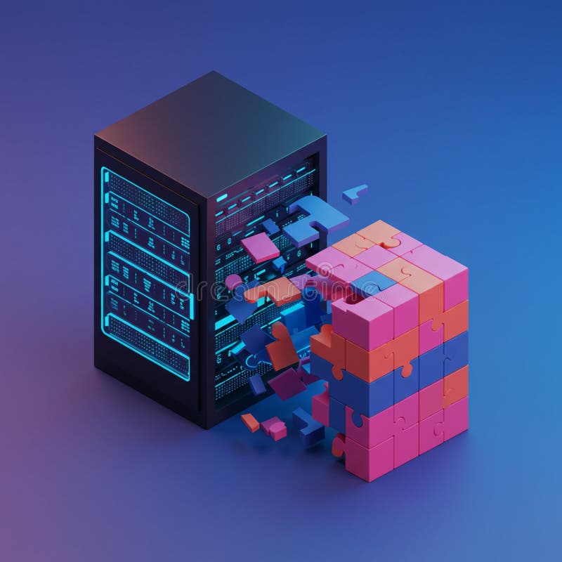 Un'illustrazione digitale con un'unità server nera collegata a un cubo di illustrazione di stock