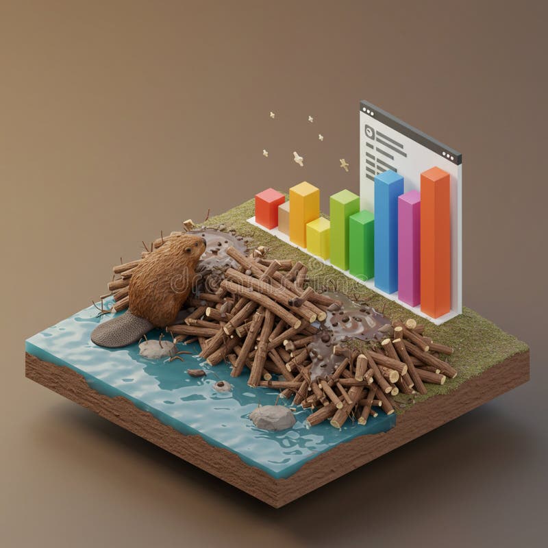 Un'illustrazione digitale 3D mostra un castoro Castor canadensis che costruisce una diga da illustrazione vettoriale